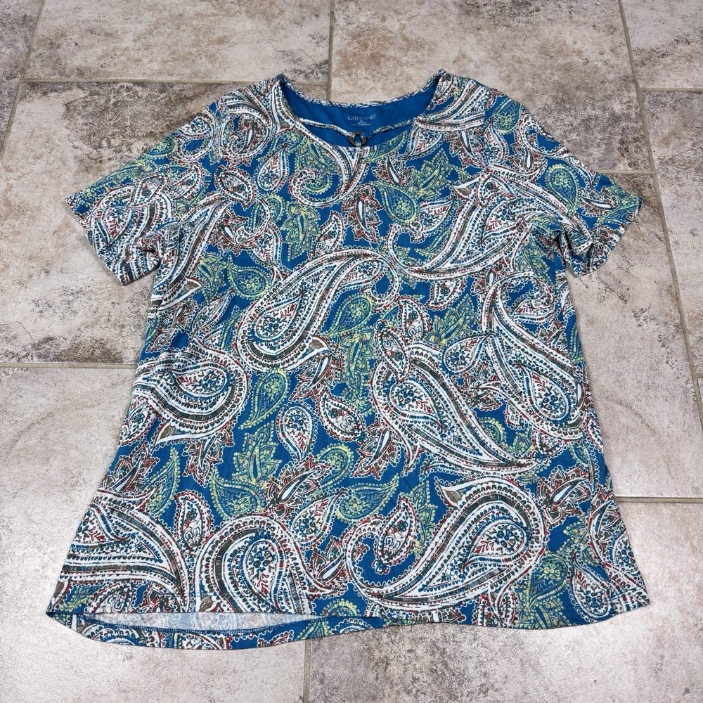 Catherines Top Paisley Front Womens Size 14/16 Short Sleeve Blue Fairy